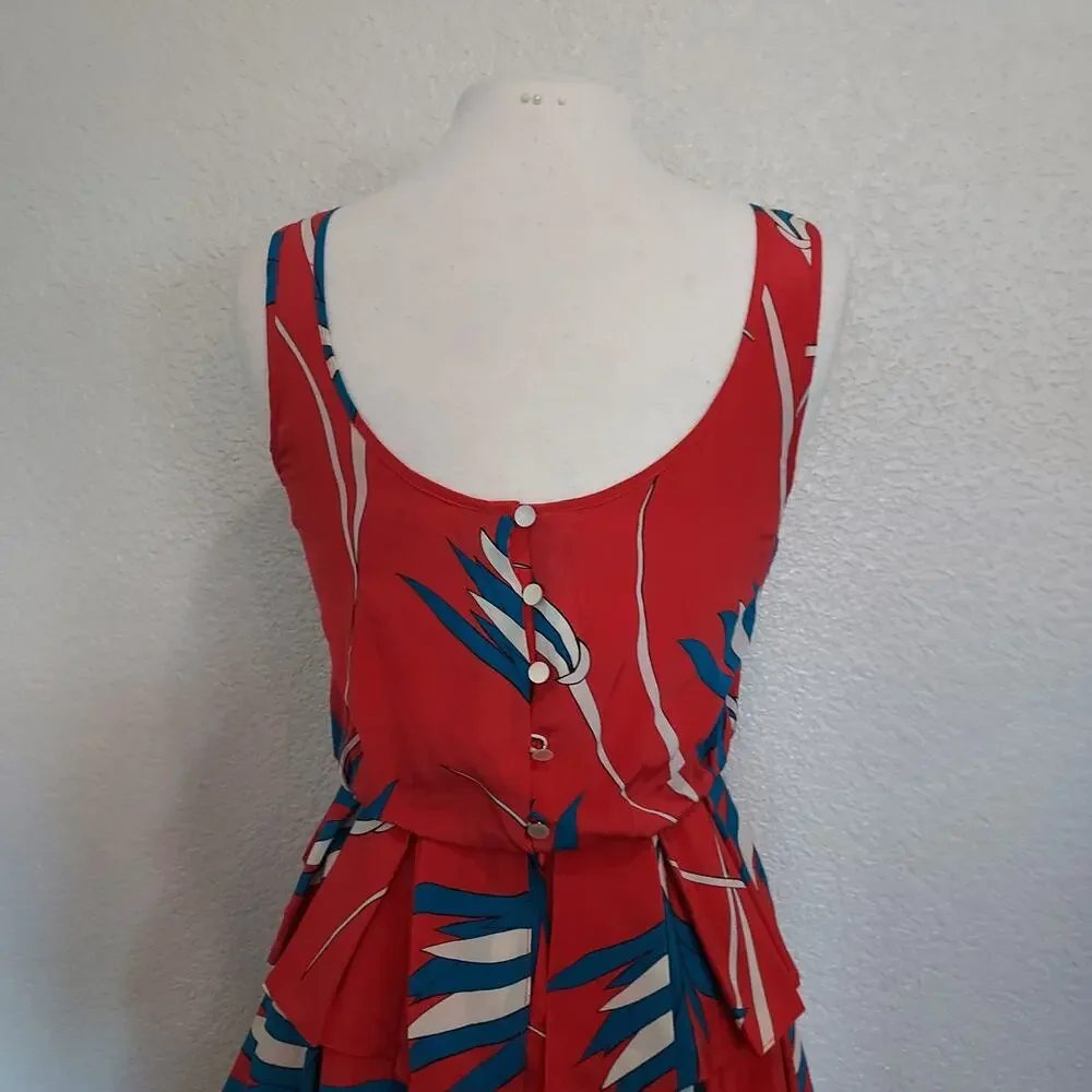 Sariah 100% Silk Red Palm Print Sleeveless Layered Dress Size 4